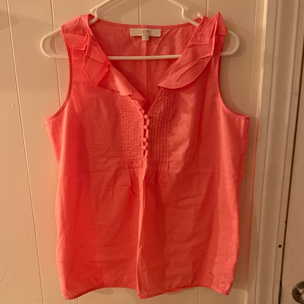 LOFT Coral Pink Ruffle V-Neck Sleeveless Top